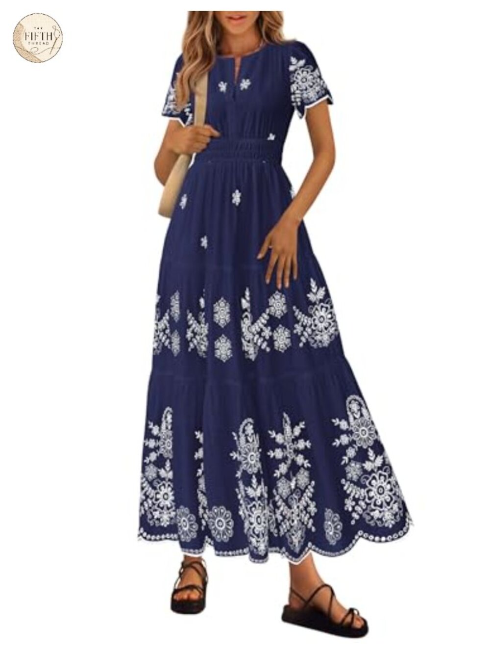 Womens Floral Maxi Dress Boho V Neck Short Sleeve Cotton Tiered